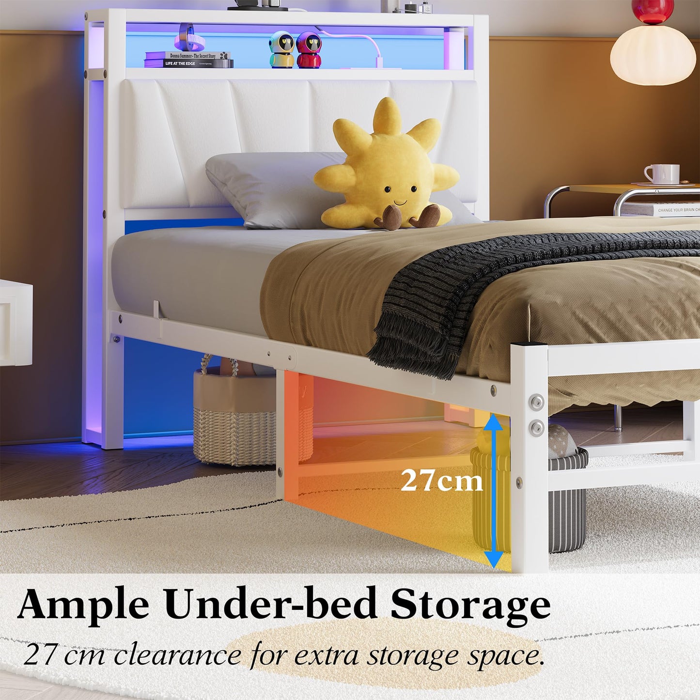 BORPHOM White Single Bed Frames with Storage Upholstered Headboard Shelf,Heavy Duty Metal Single Bed with LED Lights and Charging Station,Strong