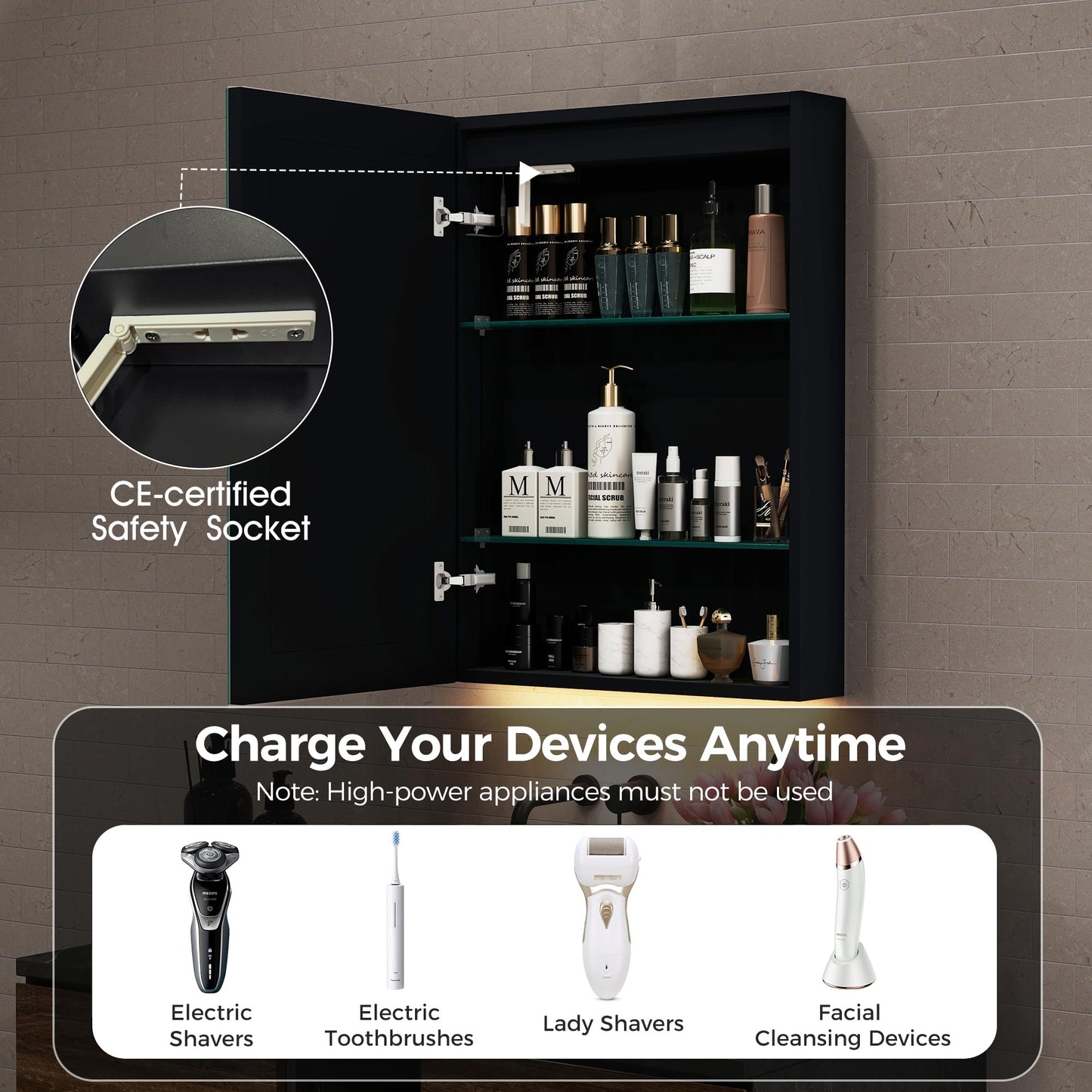 STARLEAD Illuminated-Bathroom-Mirror-Cabinets-with-Lights 500x700mm, Matte Black Aluminium Wall-Mounted-Storage with Adjustable Shelves