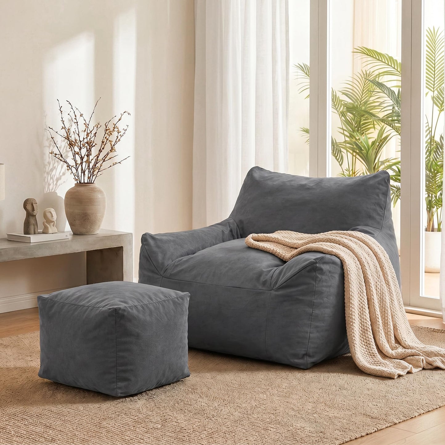 Pamapic Bean Bag, Bean Bag Chair Indoor Outdoor Weather Resistant, Large Beanbag Sofa with Footstool, BeanBag Adult with FIlling Included