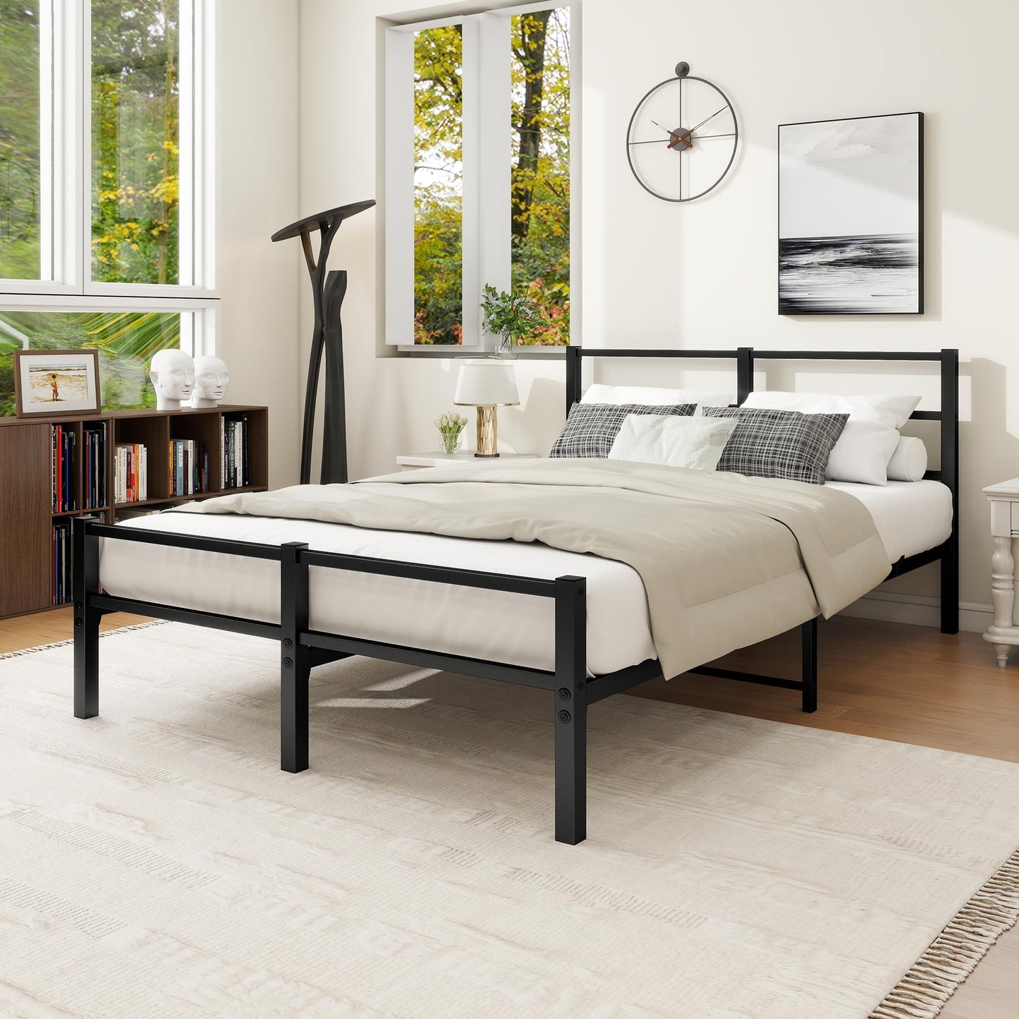 MOFLUT 4ft6 Double Bed Frame with Headboard, Metal Slats Support Platform Bed Frames Double Bed with Storage Under Bed