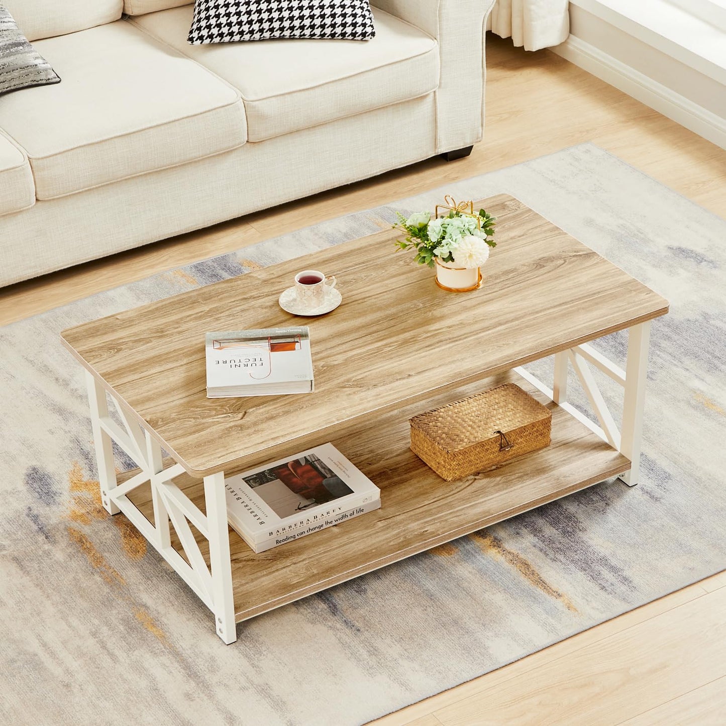 GreenForest Coffee Table with 2-Tier Storage,100 cm Living Room Table with Round Corner, Center Table with X-Frame Design for Home Office,Oak