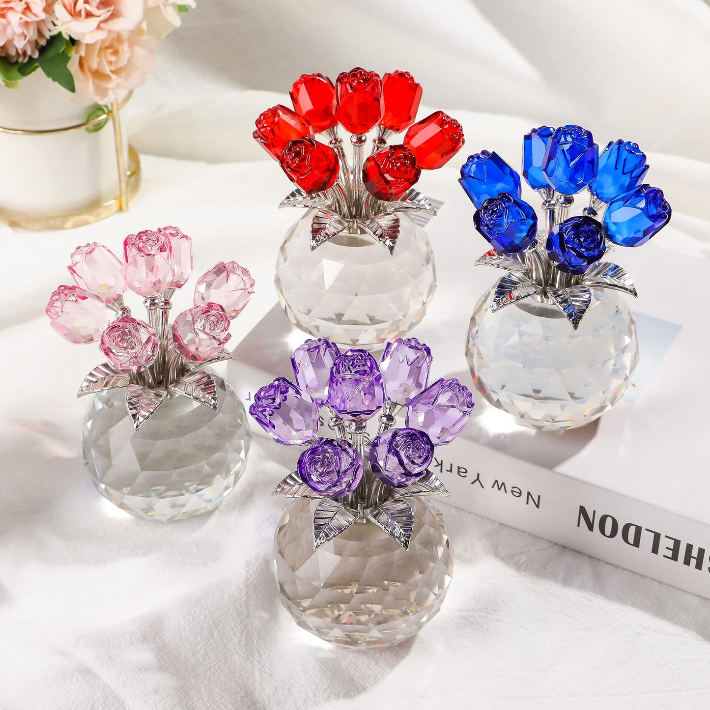 Crystal Pink Rose Bouquet Flower Figurine with Round Vase, Romantic Rose Gifts for Women Her on Valentine's Day Mother's Day Christmas, Rose