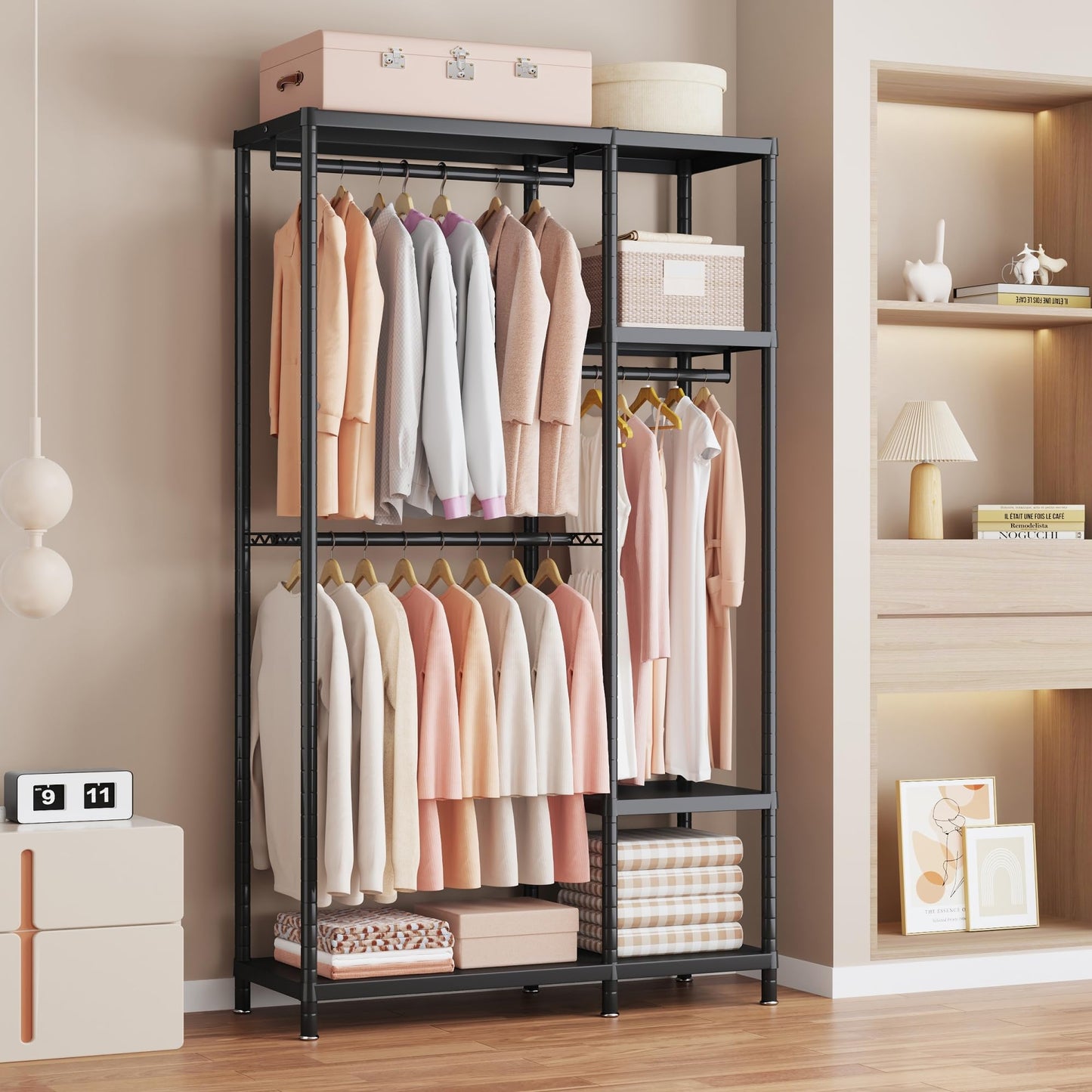 Enjinkail Clothes Rail, 195cm Tall Metal Open Wardrobe with 6 Shelves