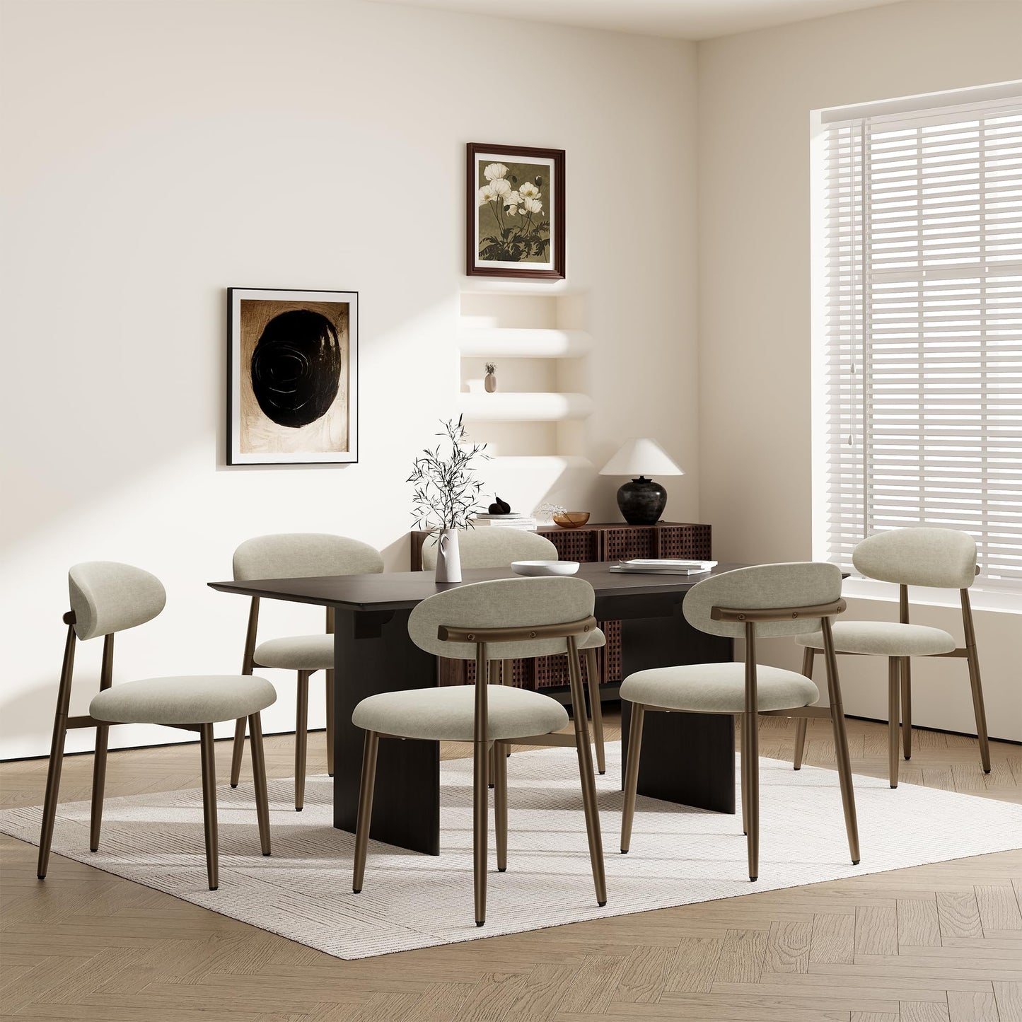 Dining Chairs Set of 6, Upholstered Dining Room Chairs with Ergonomic Curved Backrest, Metal Frame Kitchen Chairs