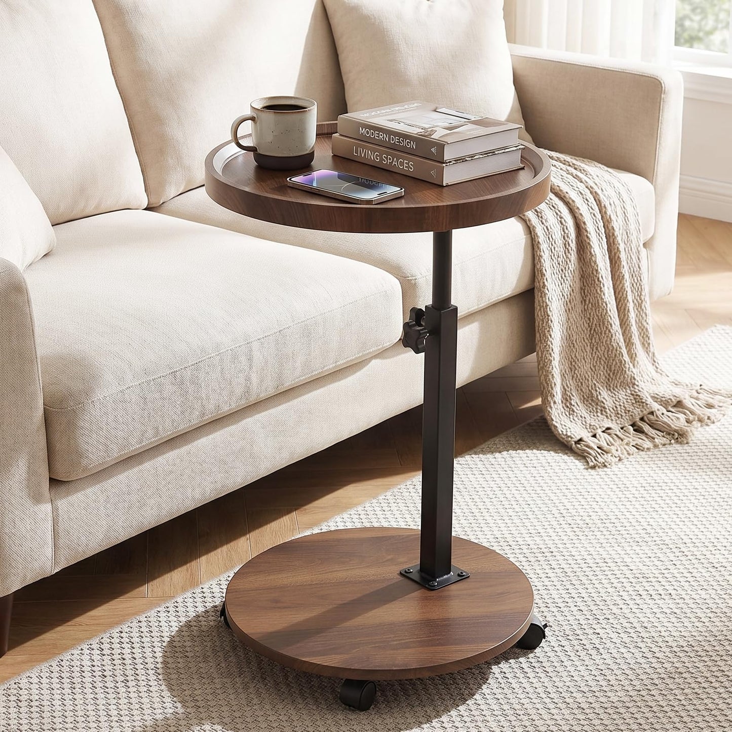 OUAYEMEL Side Table Adjustable Height, 360°Swivel End/Bedside Tables with Wheels for Sofa Bedroom Office Living Room, Coffee Tables for Small Spaces