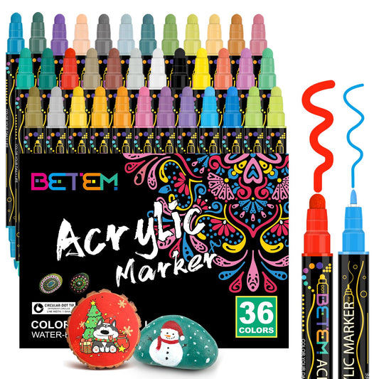 Betem 36 Colors Dual Tip Acrylic Paint Pens Markers, Colouring Pens for Rock Painting, Wood, Canvas, Stone, Ceramic Surfaces, Christmas Painting Kit