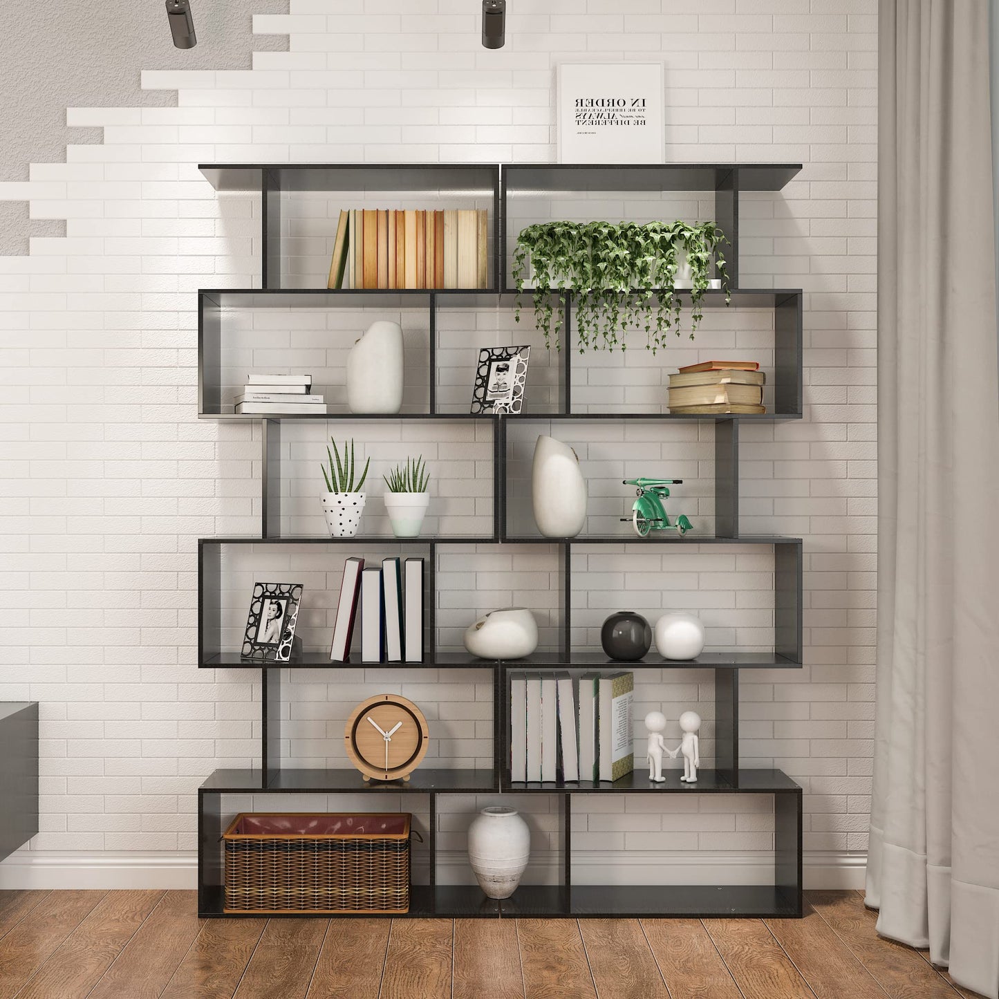 Yusong Bookshelf 6-Tier, Geometric Bookcase S Shaped Book Shelves for Bedroom, Modern Wood Decorative Display Shelf Tall Book Case for Home Office