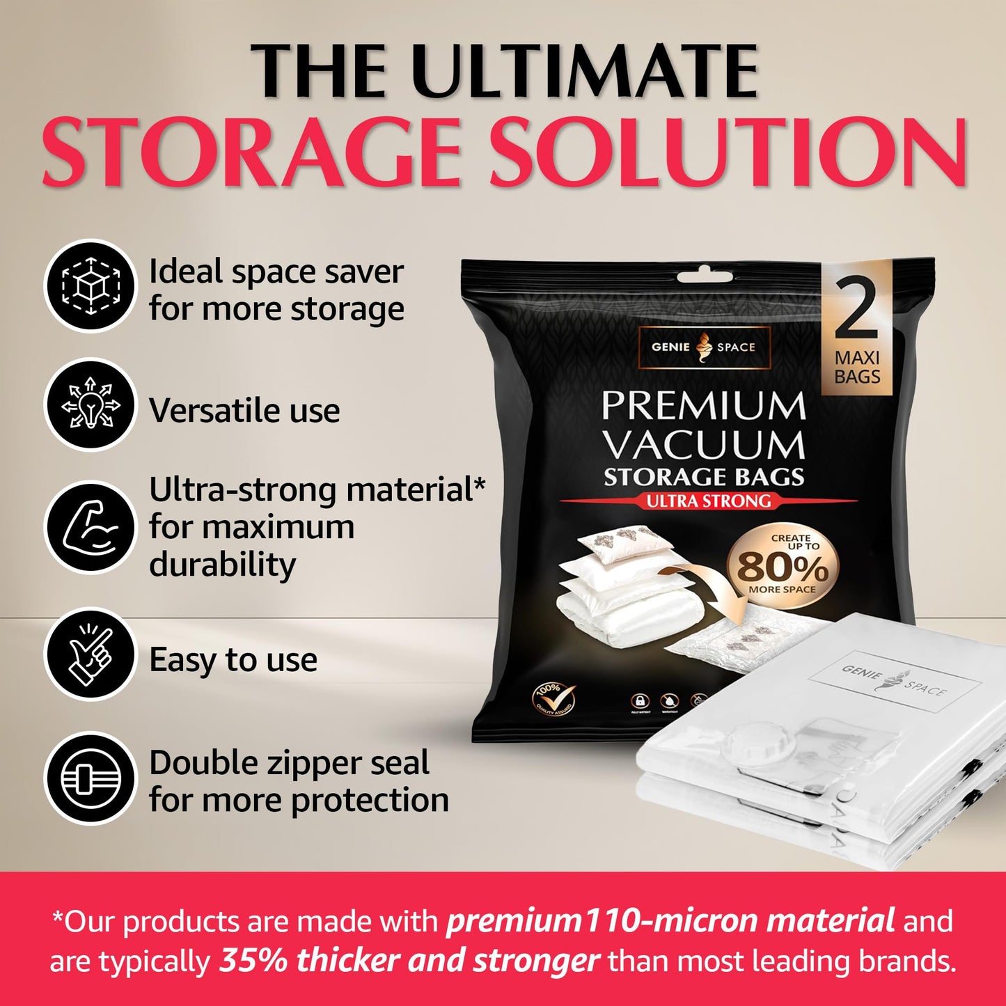 GENIE SPACE Premium Vacuum Storage Bags, Maxi 2 Pack, 110x90 cm