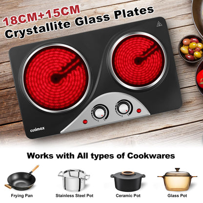 CUSIMAX Electric Hobs, 2100W Electric Hot Plates for Cooking Infrared Double Hot Plate, Portable Electric Hob with Temperature Control & Crystallite
