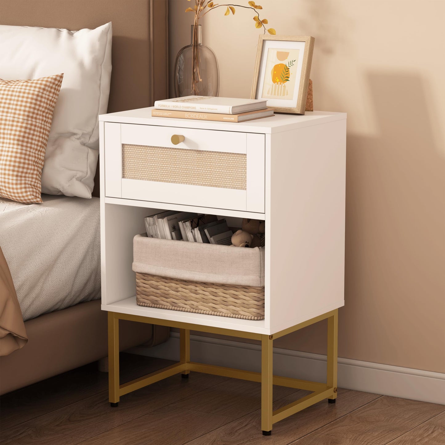JERX Rattan Bedside Table, Farmhouse Wood Nightstand with Storage Drawer and Open Shelf Small Bedside Cabinet for Bedroom,Living Room,Office White