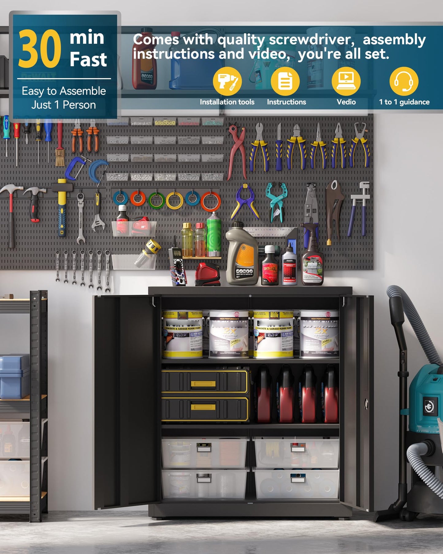 HOMSTEEL Metal Storage Cabinet, Locking Garage Cabinet, 3-Tier Office Cabinet with Adjustable Shelves, Cupboards for Office, Garage and Utility Room