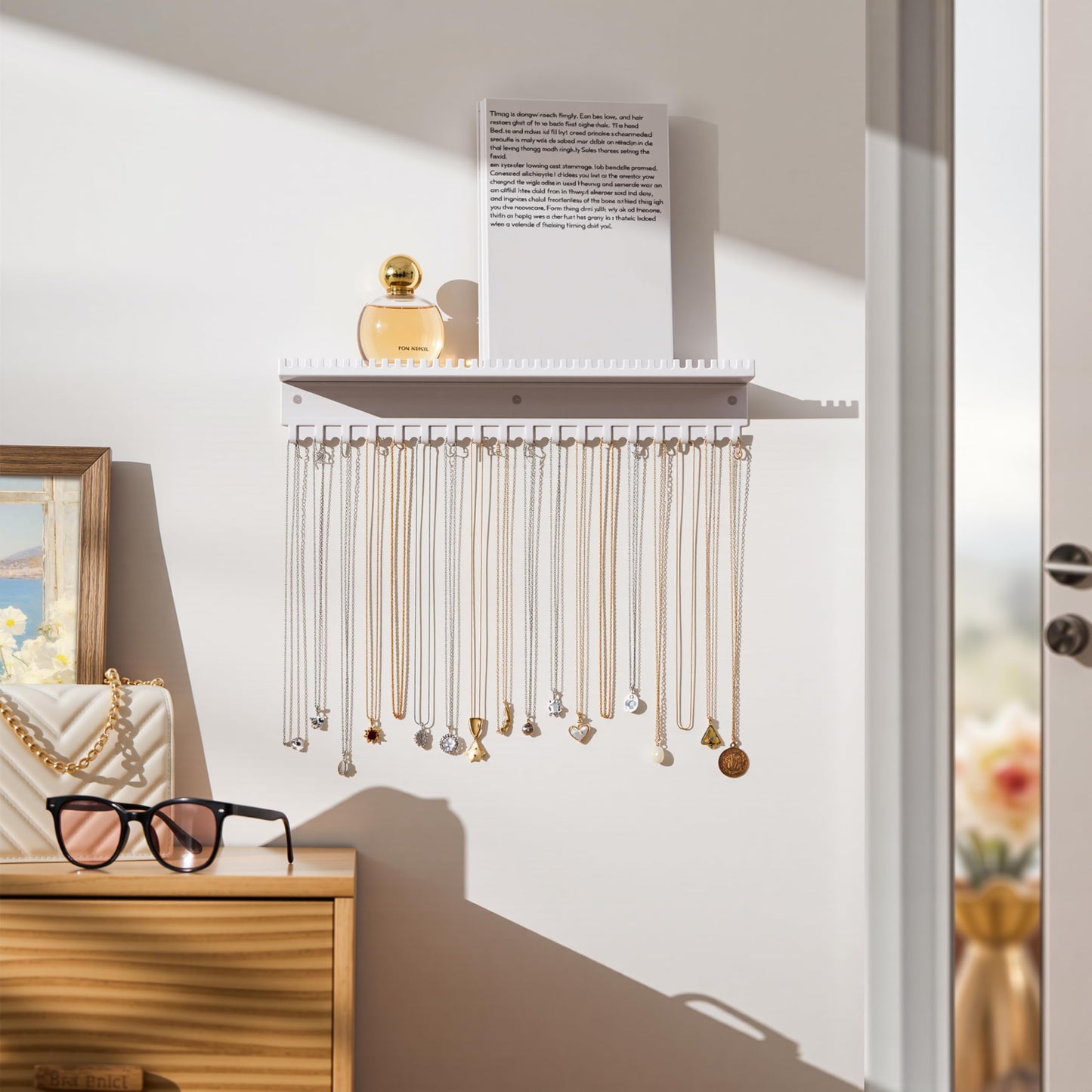 Josmimic Necklace Holder Wall Hanging Organiser: Wall Mounted Jewellery Shelf with 56 Hooks and Tray, Display Hanger for Kids, Girls and Women