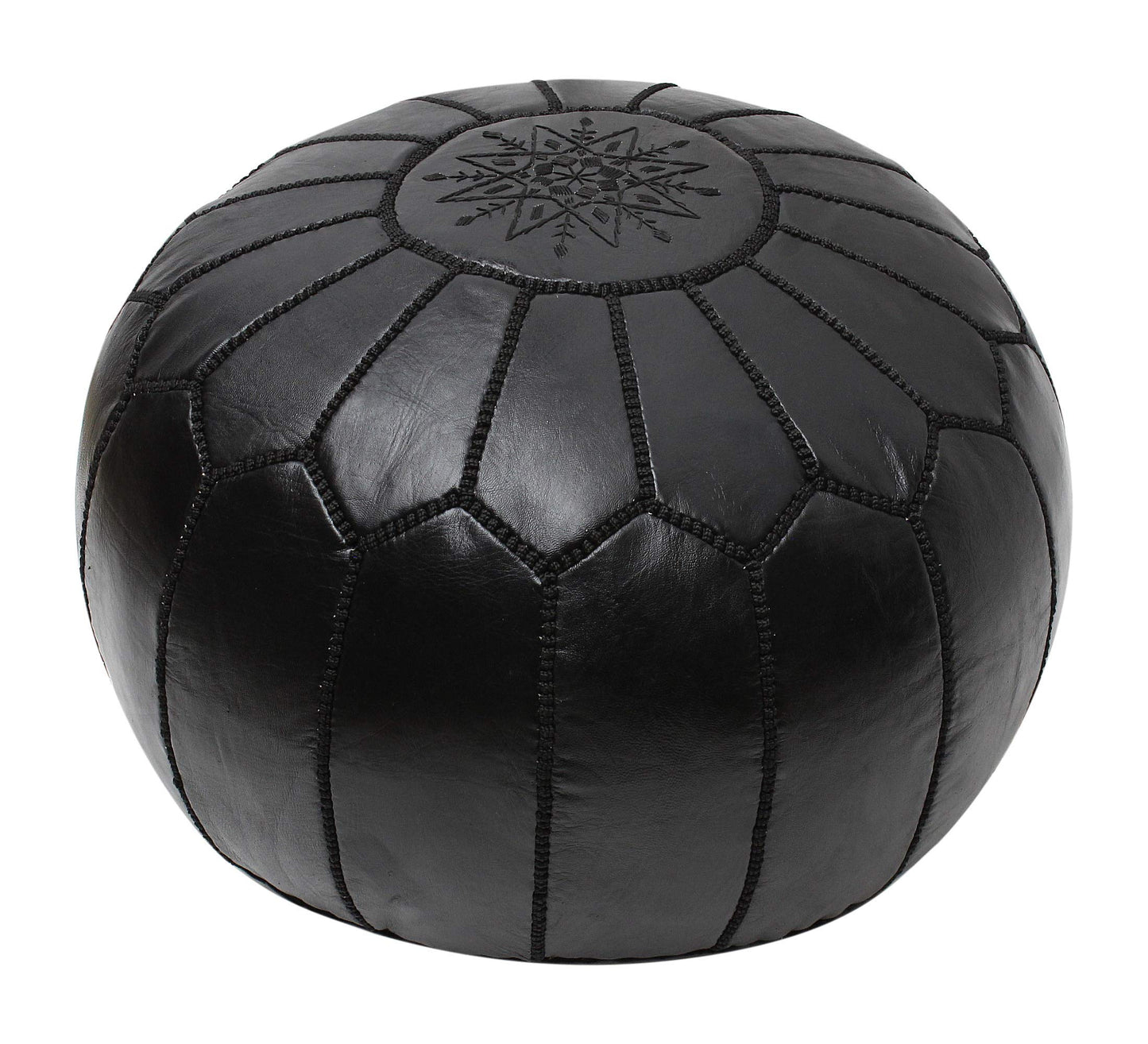 ESSENCE OF MOROCCO Moroccan Pouffe Pouf Footrest Footstool Ottoman Real Leather Black Handmade Hand-stitched with Embroidered Marrakech Design