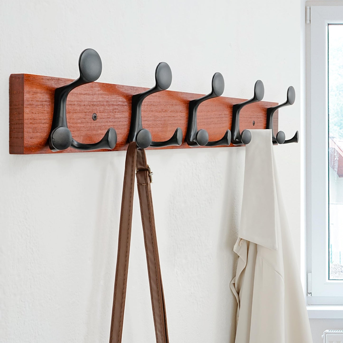 SKOLOO 61cm Cherry Wood Coat Rack Wall Mount with 5 Triple Hooks - Ideal for Family Entrances, Classrooms, and Pet Supplies Storage