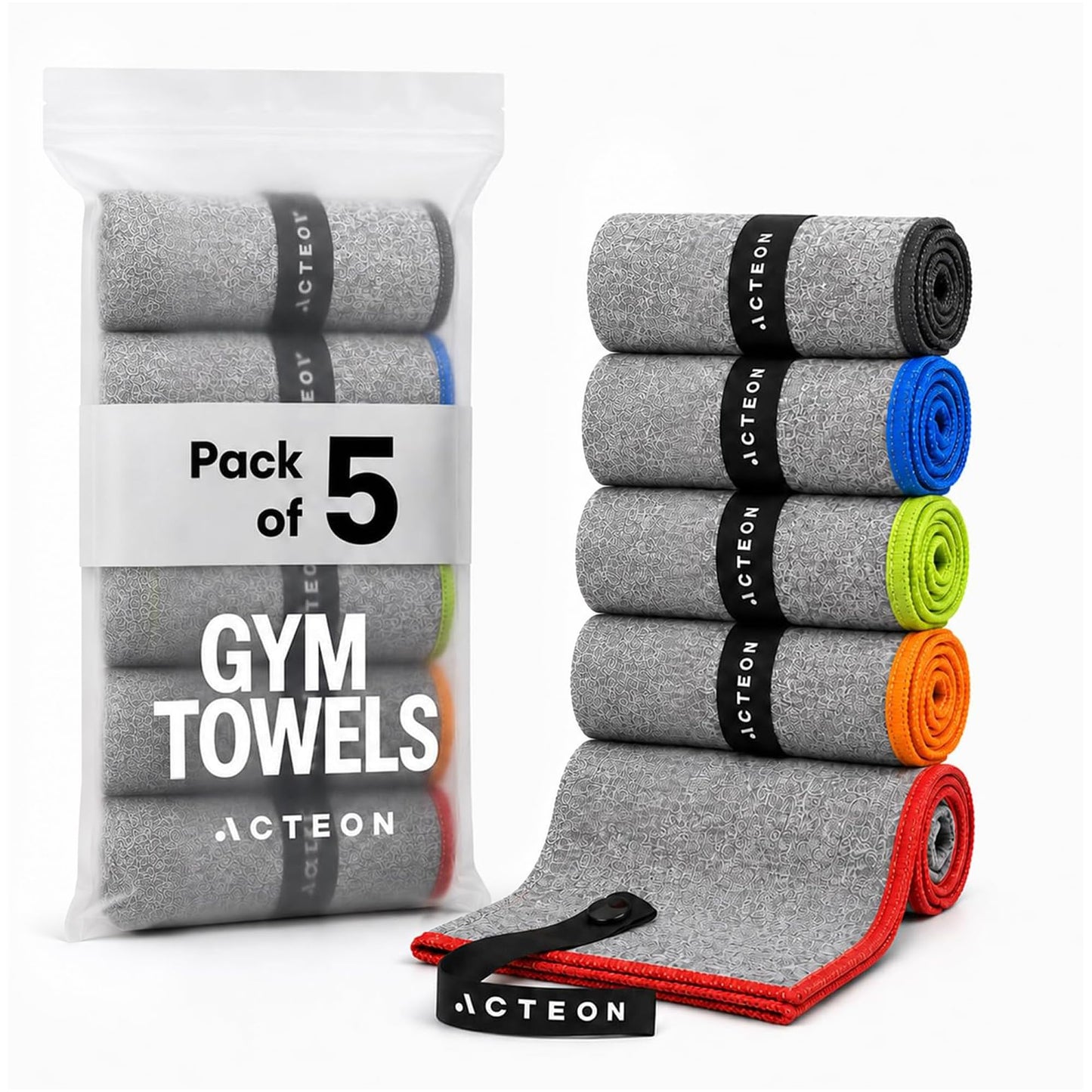 Acteon Microfiber Quick Dry Gym Towel, Silver ION Odor-Free Mega Absorbent Fiber (5-Pack), Fast Drying, Men & Women Small Workout Gear for Body Sweat