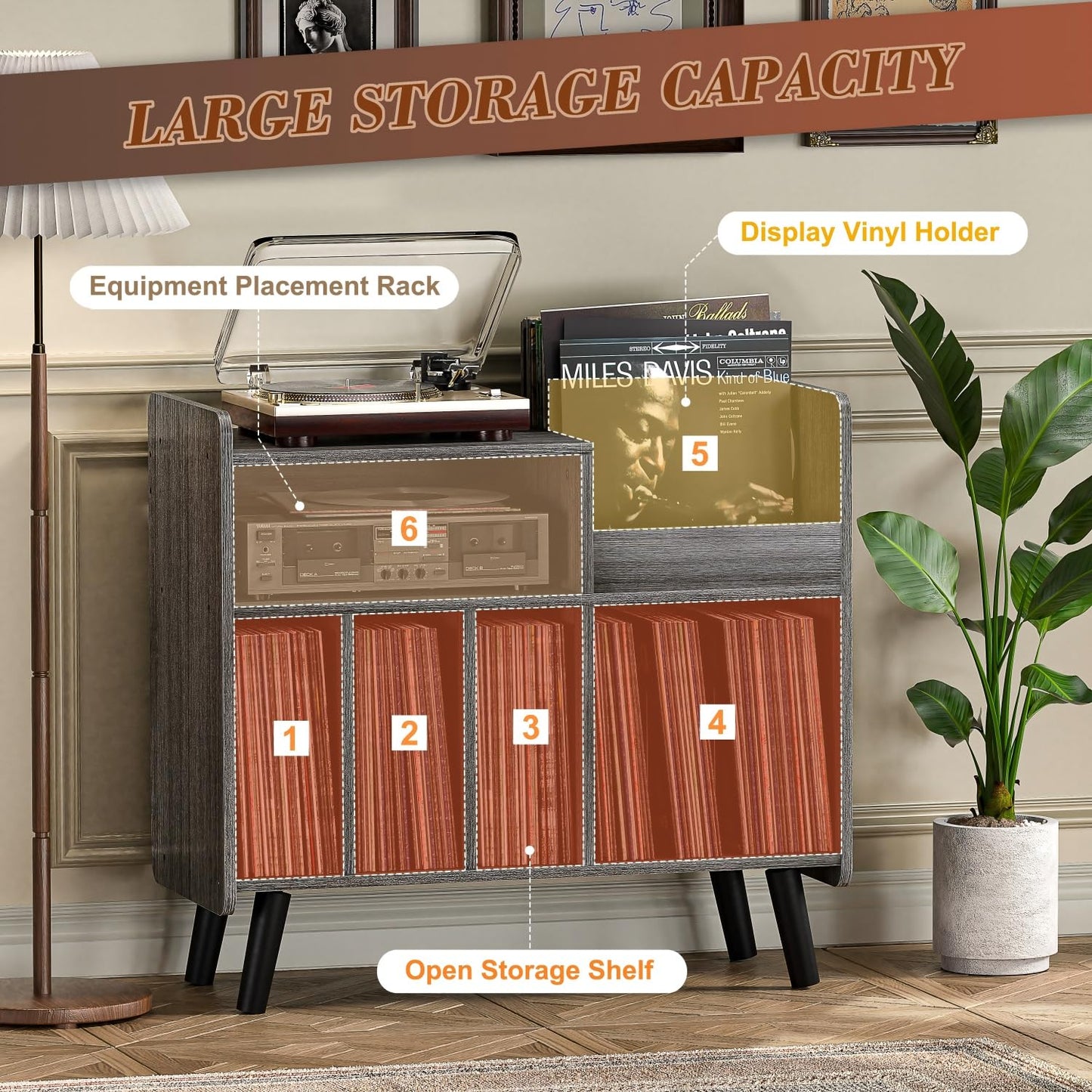 UODERS Record Player Stand, Large Record Player Table Cabinet with Open Vinyl Storage and Display Shelf Holds up to 350 Albums