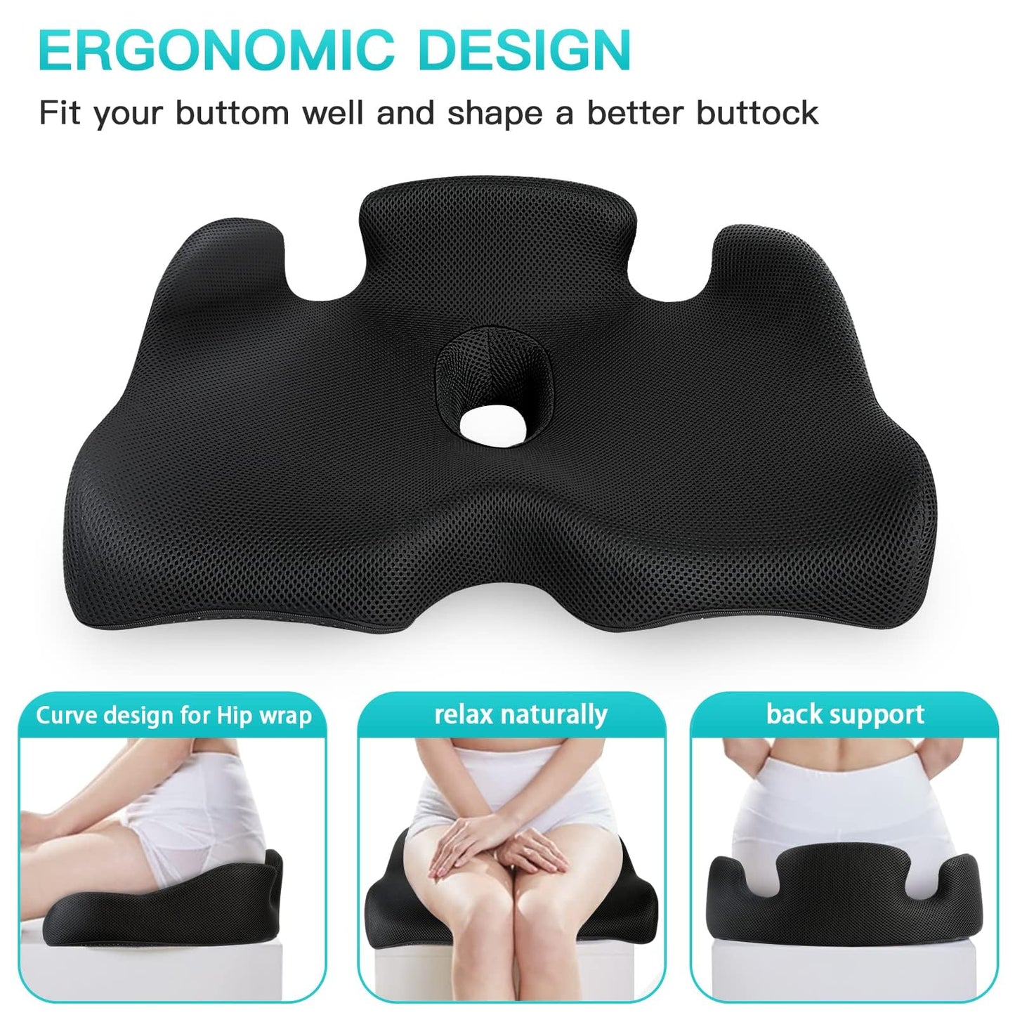 Benazcap Memory Seat Cushion for Office Chair Sciatica & Back Pain Relief Memory Foam Firm Coccyx Pad for Car, Wheelchair, Gaming chair and Desk
