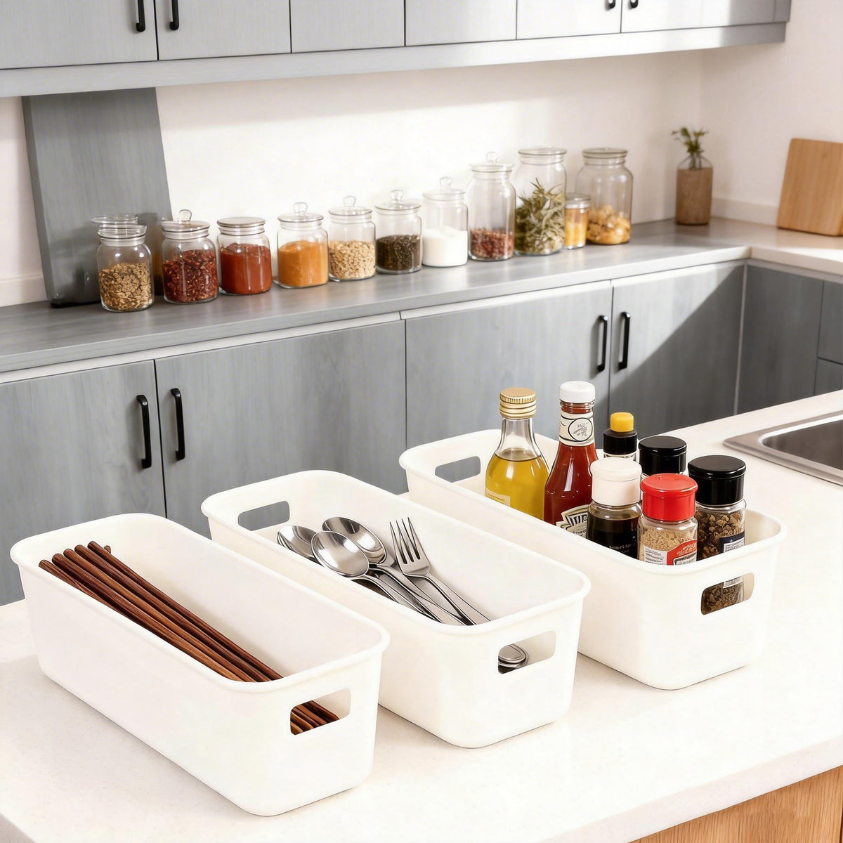 10 Pack Narrow Storage Baskets with Handles, Small Plastic Storage Boxes for Kitchen Cupboard, Bathroom Shelf Organiser Bins
