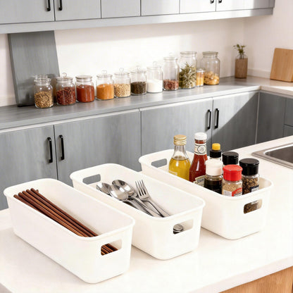 10 Pack Narrow Storage Baskets with Handles, Small Plastic Storage Boxes for Kitchen Cupboard, Bathroom Shelf Organiser Bins