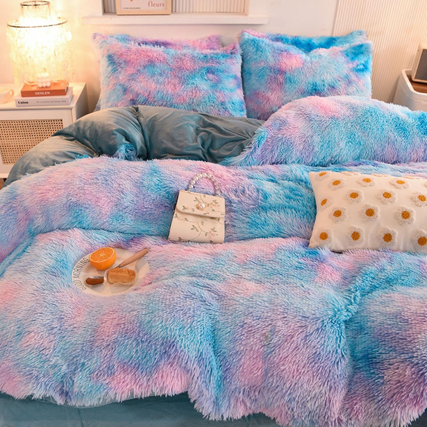 ZIQINPSQ Plush Shaggy Duvet Cover Set,Tie Dye Faux Fur Bedding Set for Teens Girls Soft Velvet Fluffy Fuzzy Comforter Cover Bed Set (Blue, Single)
