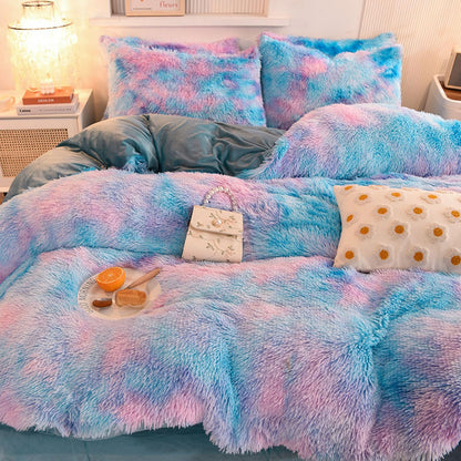 ZIQINPSQ Plush Shaggy Duvet Cover Set,Tie Dye Faux Fur Bedding Set for Teens Girls Soft Velvet Fluffy Fuzzy Comforter Cover Bed Set (Blue, Double)