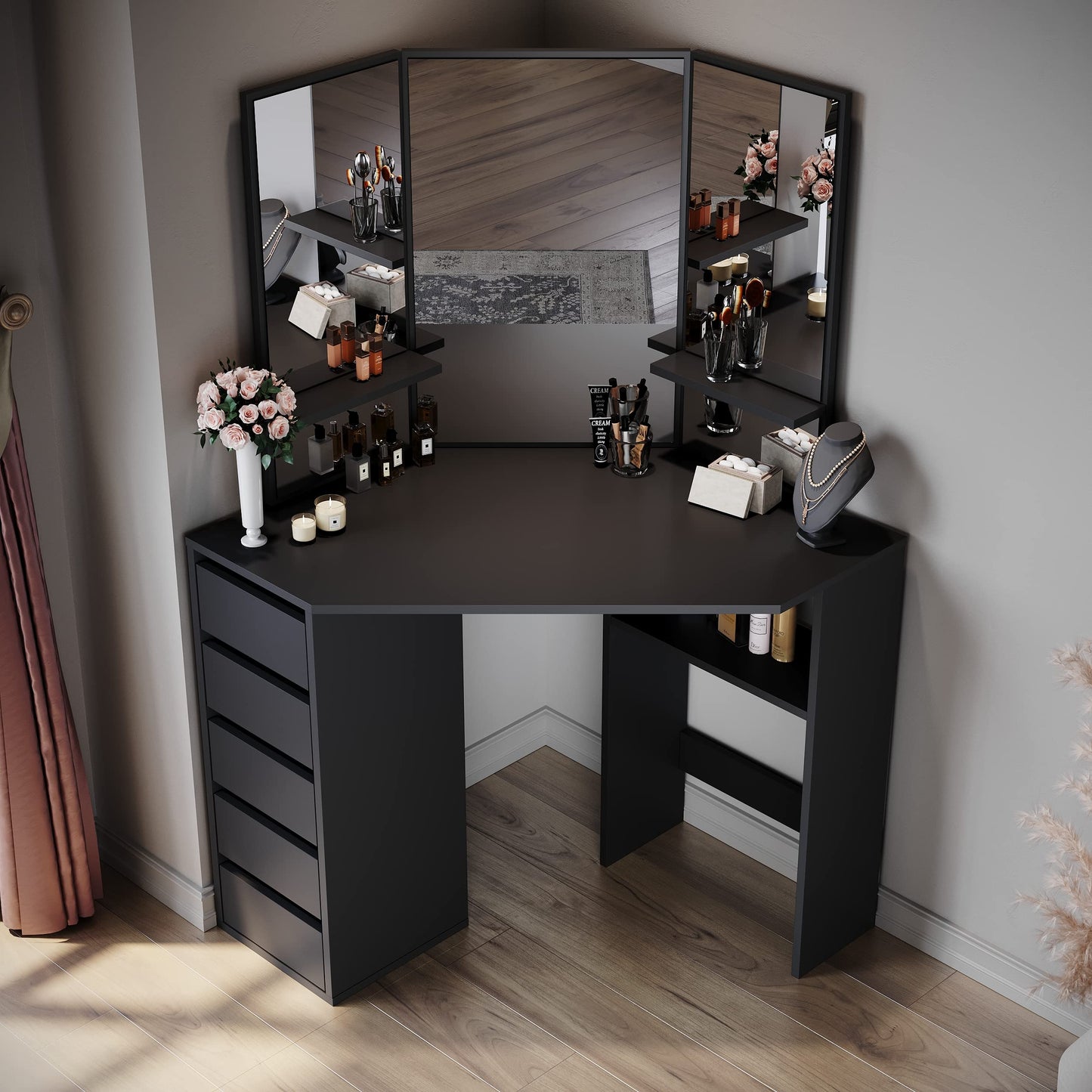 ELEGANT Corner Dressing Table with Mirror and 5 Drawers, 54x111x142cm