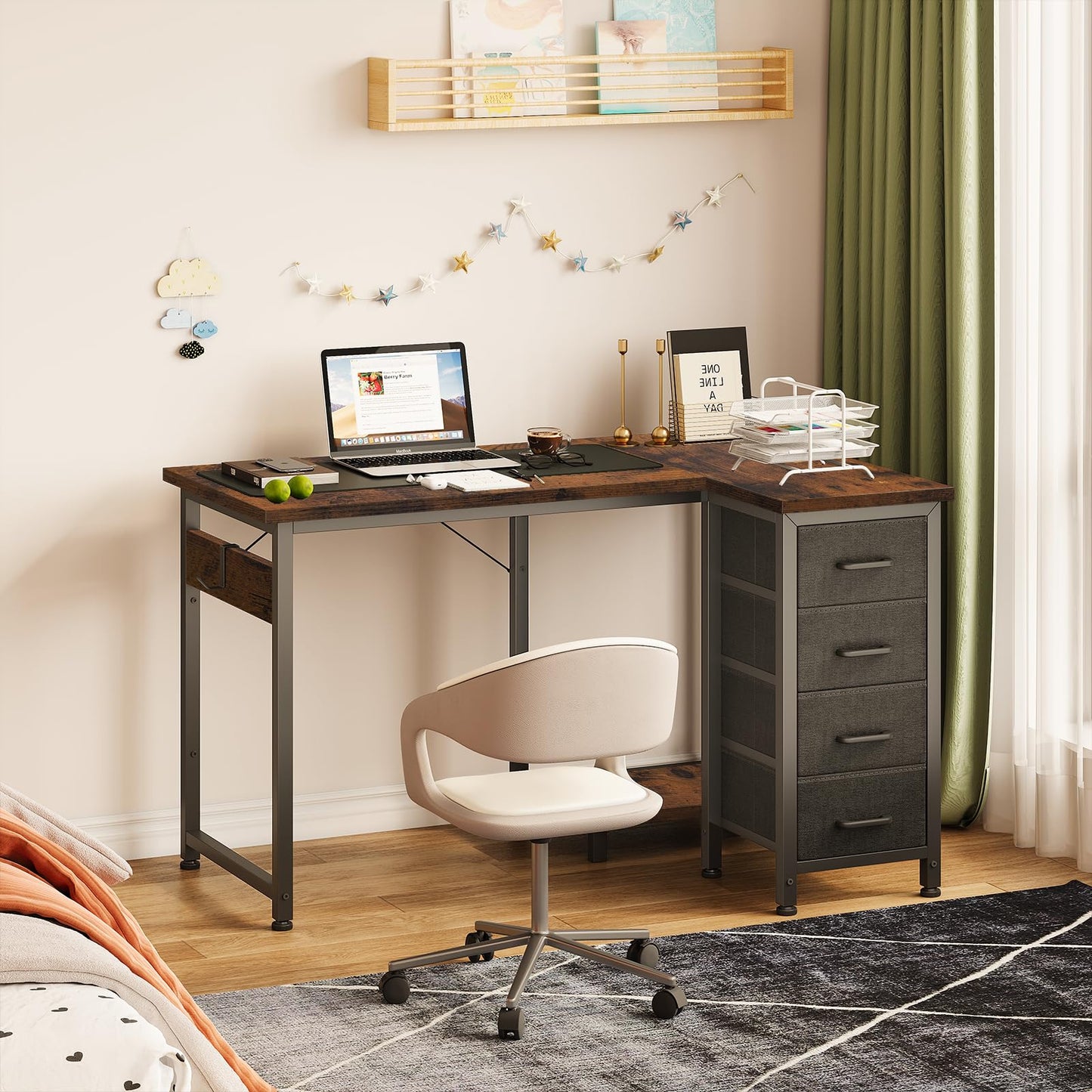 Coleshome Small Corner Desk with Drawers for Home Office, 100x70 cm, Brown