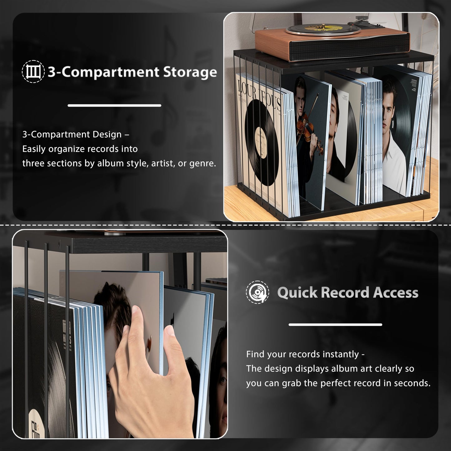 Emfogoo Vinyl Record Storage, Metal & Wooden Vinyl Record Holder Up to 80 LP Albums, 3-Compartment Record Player Stand for Magazine, Book, Files