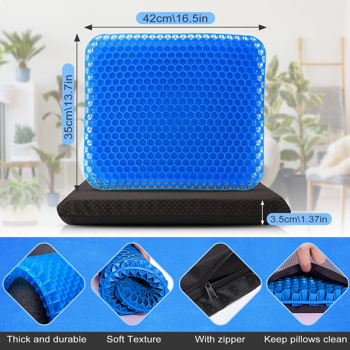 Mnixy Gel Seat Cushion, Double Thick Breathable Seat Cushion Cool Gel Cushion Honeycomb Design,Breathable Lumbar Support Chair Cushion With