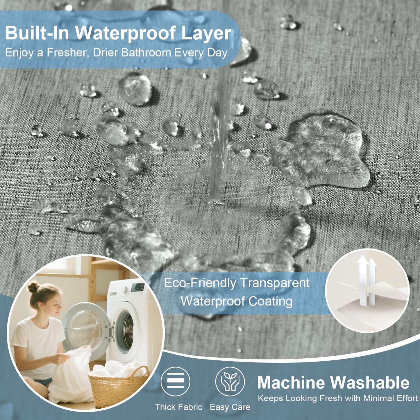 Hotel Style No Hook Rustic Linen Shower Curtain for Bathroom 230GSM Thick Fabric Texture Shower Curtains, Enhanced Waterproof, Weighted Hem