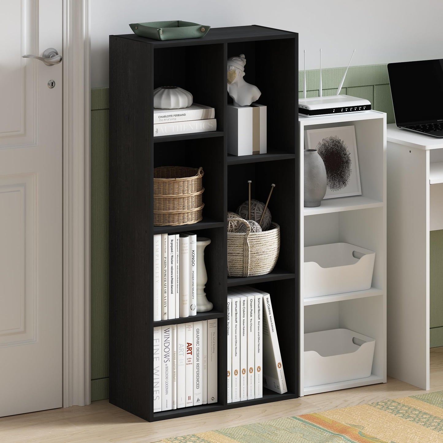 Furinno LUDER Book Shelf, 7-Cube Bookshelf, Bookcase, 9.4 x 19.5 x 41.7, for Living Room, Bedroom, Home Office, Blackwood
