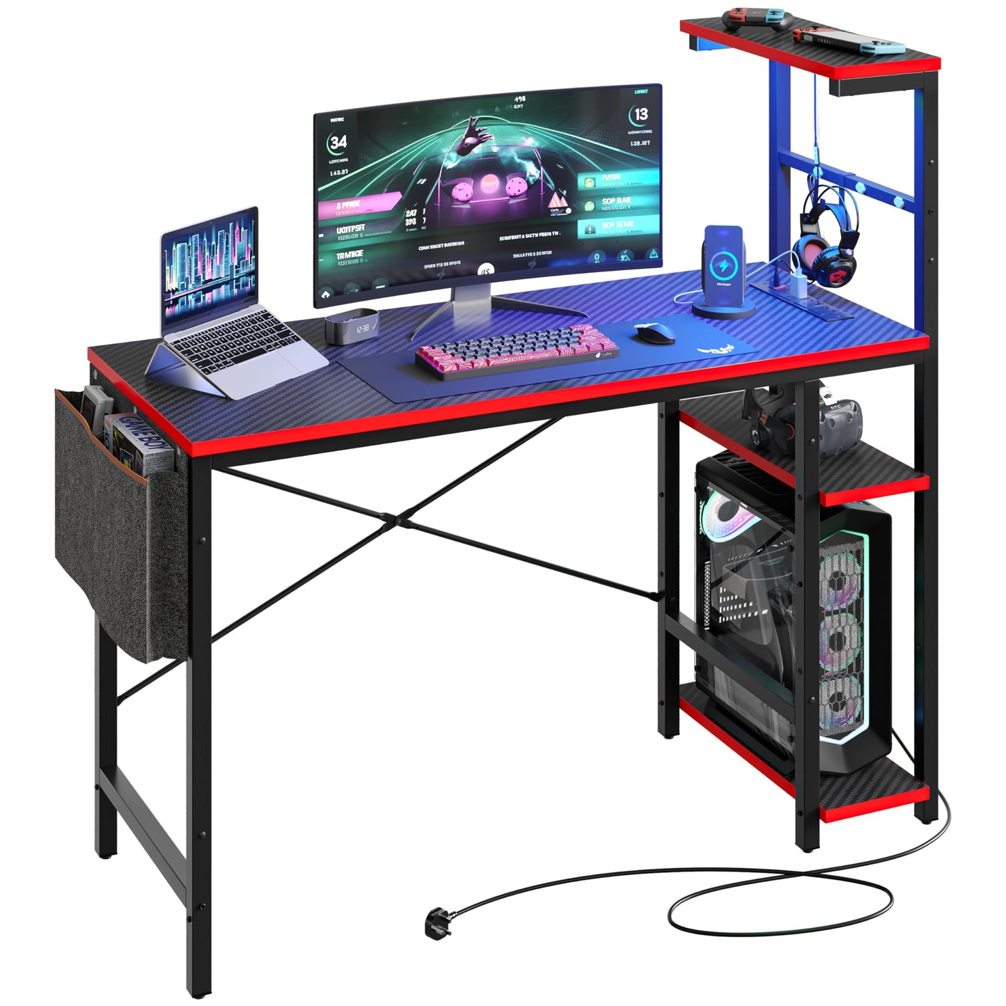 Bestier 113CM Corner Computer Desk with Power Outlets Computer Desk with LED Lights Reversible Writing Table with Side Pocket Storage Bag &