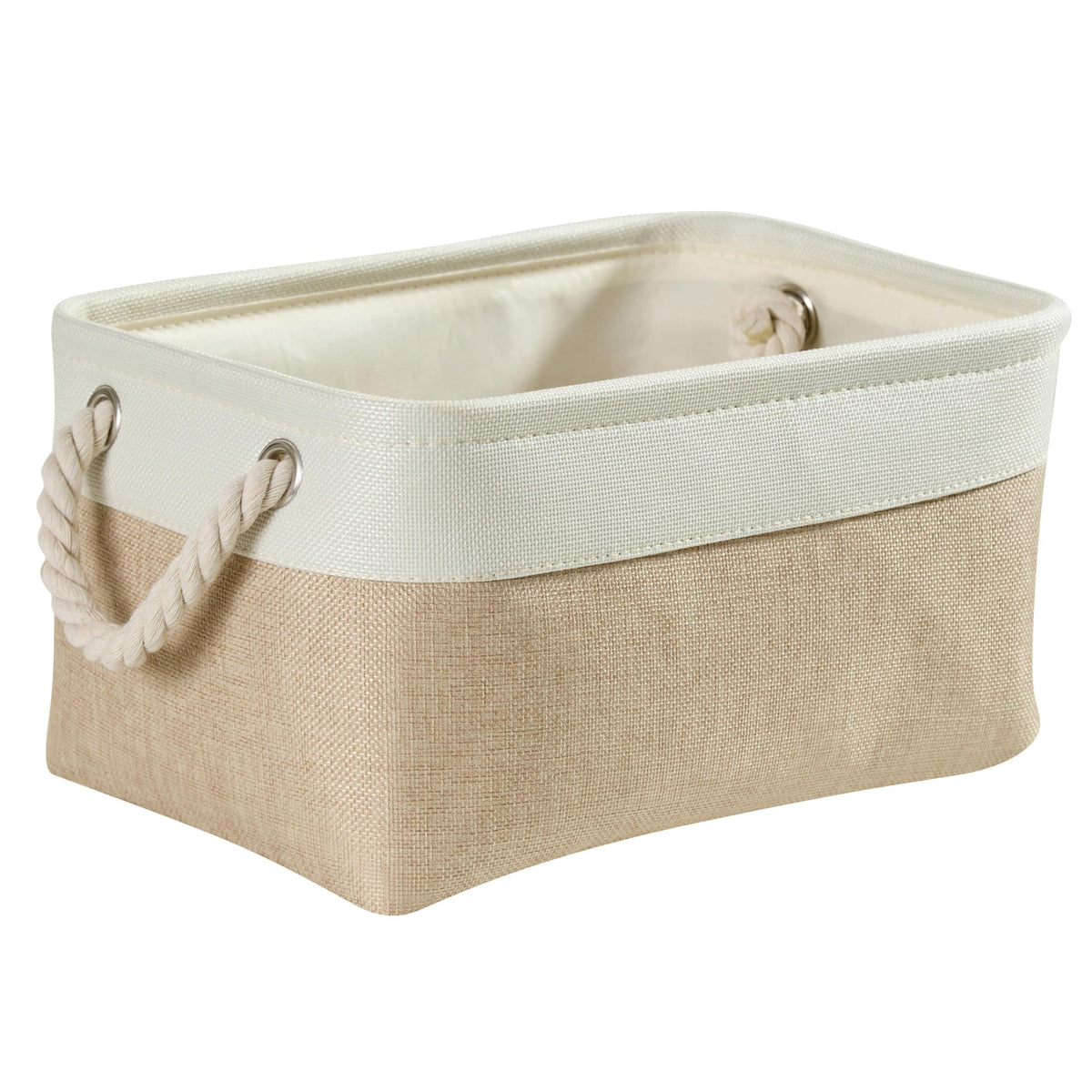 Mangata Storage Boxes, Small Fabric Storage Baskets with Rope Handles for Cupboards, Shelves, Wardrobe, Toys, Clothes Foldable, Light Khaki White