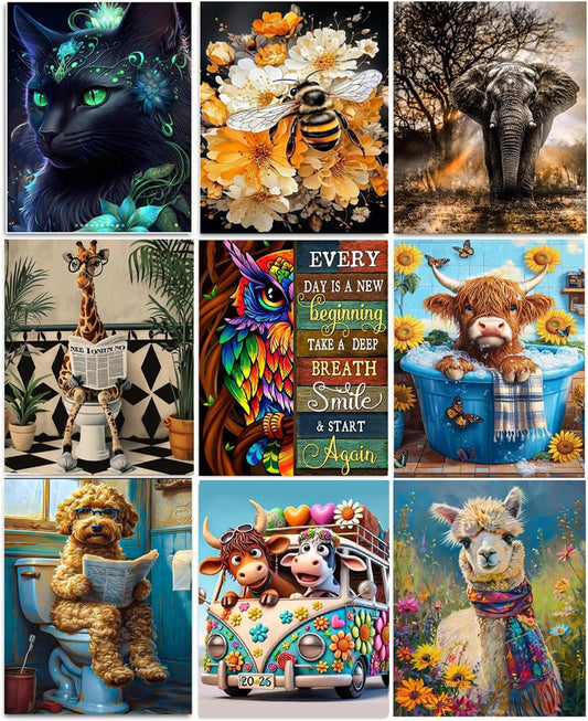 Mrnsiet 9 Pack Animals Diamond Painting Kits for Adults?5D DIY Cow Elephant Giraffe Diamond Art Kits for Beginners Round Full Drill Painting with