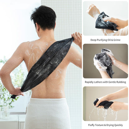 SHIMOYAMA Exfoliating Bath Towel, 2 Pack, Nylon Japanese Shower Towel, 100cm Extra Long Back Scrubber Washcloth for Men Women Black