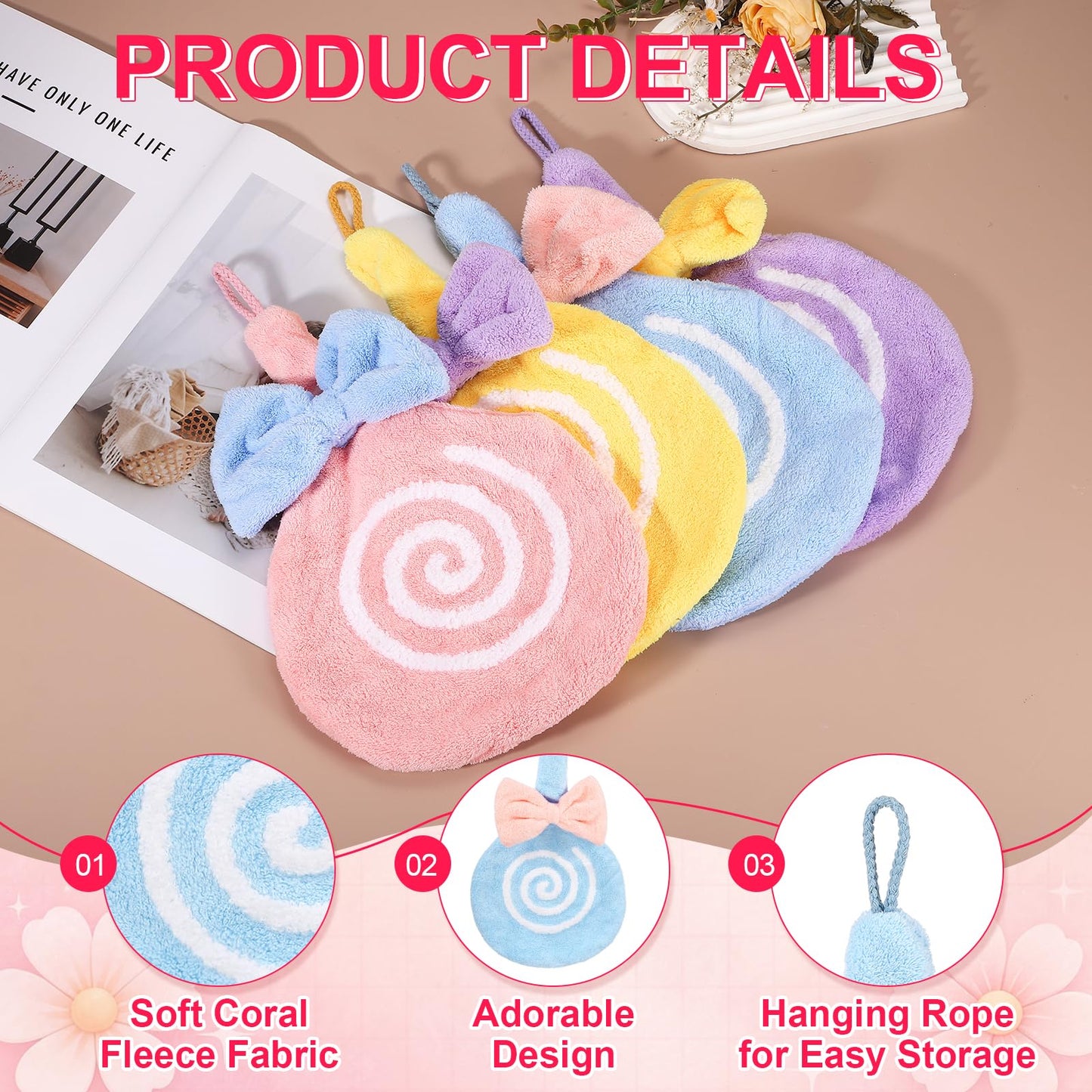 sourcing map Cute Hand Towels, Soft Coral Hanging Hand Towel with Hanging Loop, Lollipop Pattern, Highly Absorbent