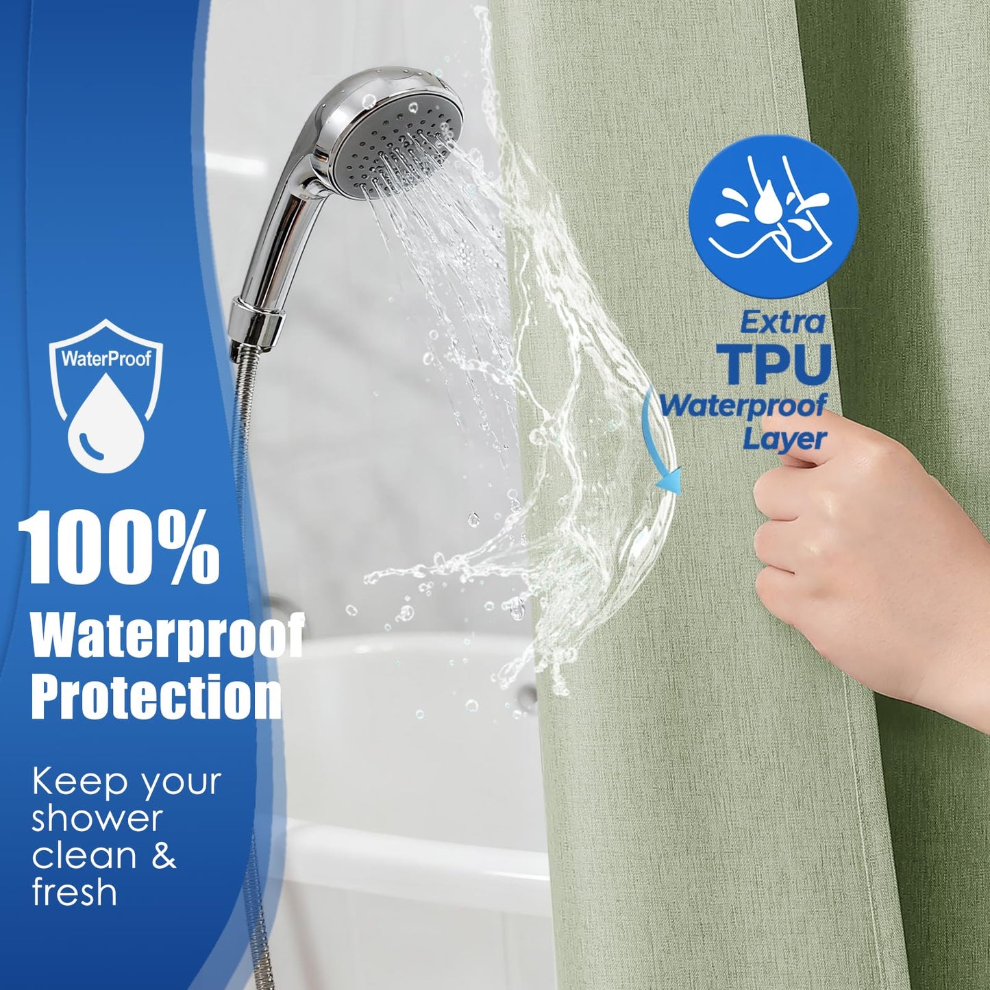 Zemyovia No Hooks Linen-Like Shower Curtain, Waterproof 250GSM Heavyweight Fabric, 180 x 190, Easy Install Split Grommets