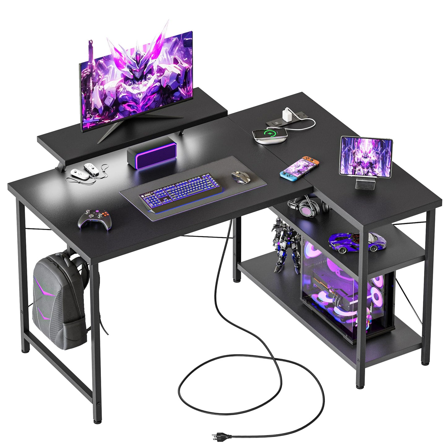 Mericonia Reversible Corner Desk, w. Led & Power Outlets, 100x70cm, Black