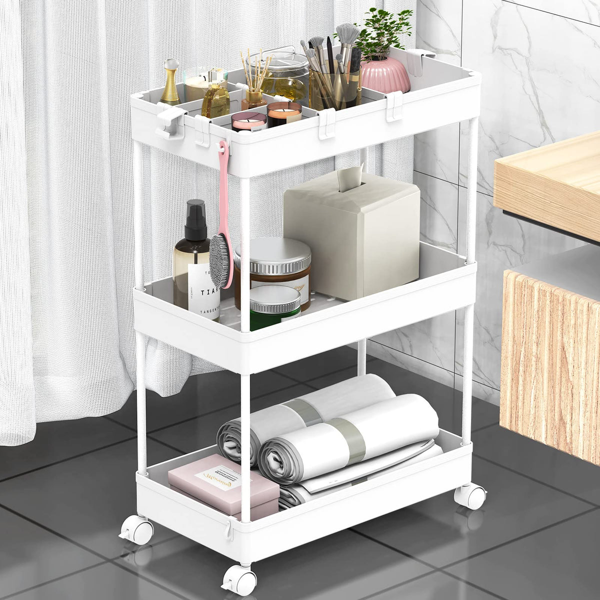 SAKA Slim Storage Cart 3 Tier, Bathroom Storage Organizer Rolling Utility Cart, Slide Out Storage Cart