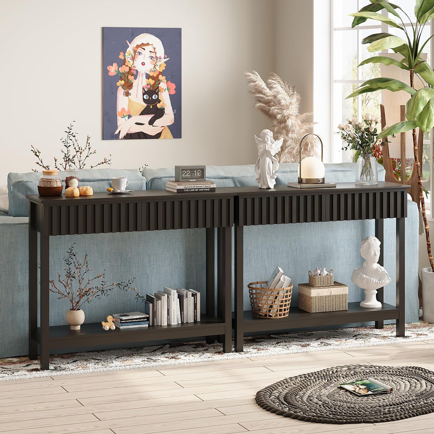 Trironsun Narrow Fluted Console Table with 2 Drawers and Open Shelf Modern Painted Wood Sofa Table for Hallway, Living Room or Behind Couch (Black)