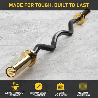 PhysKcal EZ Curl Bar, 1.2m Super EZ Olympic Bar for Standard 50mm Weight Plates, Excellent for Gaining Biceps and Triceps, Golden & Black