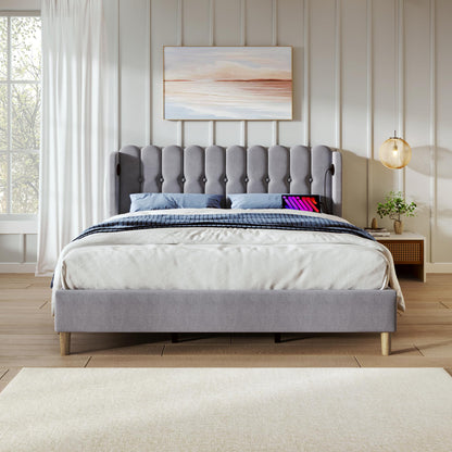 Merax 4ft6 Upholstered Double Bed Frame with USB & Type-C Charging Ports,135x190 cm Teenager Bed with Wooden Slatted Frame, Linen Material, Grey