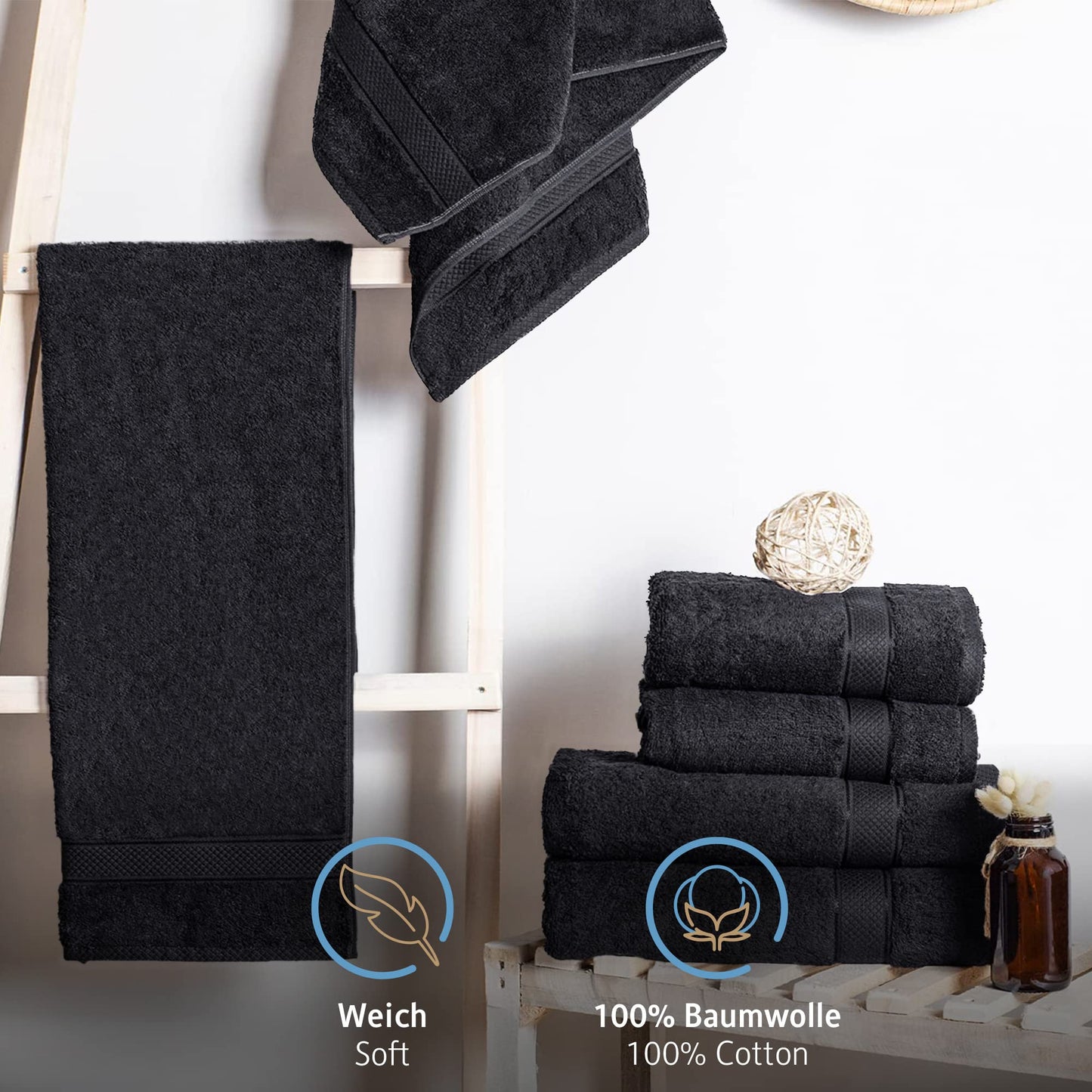Komfortec Set of 4 Hand Towels 50 x 100 cm 100% Cotton Terry Towelling Soft Black