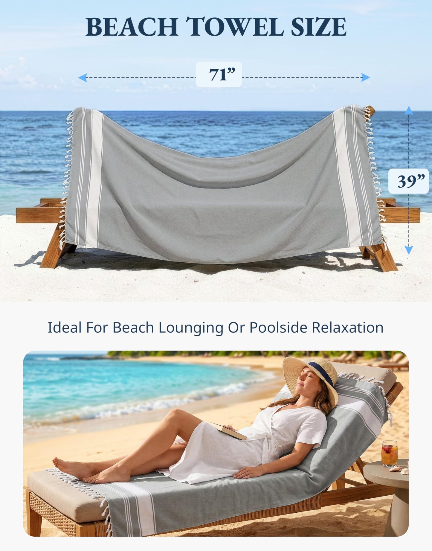 LANE LINEN Turkish Beach Towel, 2 Pack Towels Oversized, 39"x71", Cotton Rich Quick Dry Pool Towels for Adults, Absorbent Sand Free