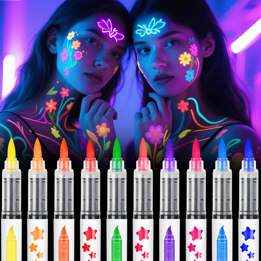 nsxsu Glow in the Dark Face Paint Pens 10 Color, Neon Face Paint Markers, UV Body Paint Kit Glow Under Blacklight, Temporary Tattoo Pens for Glow