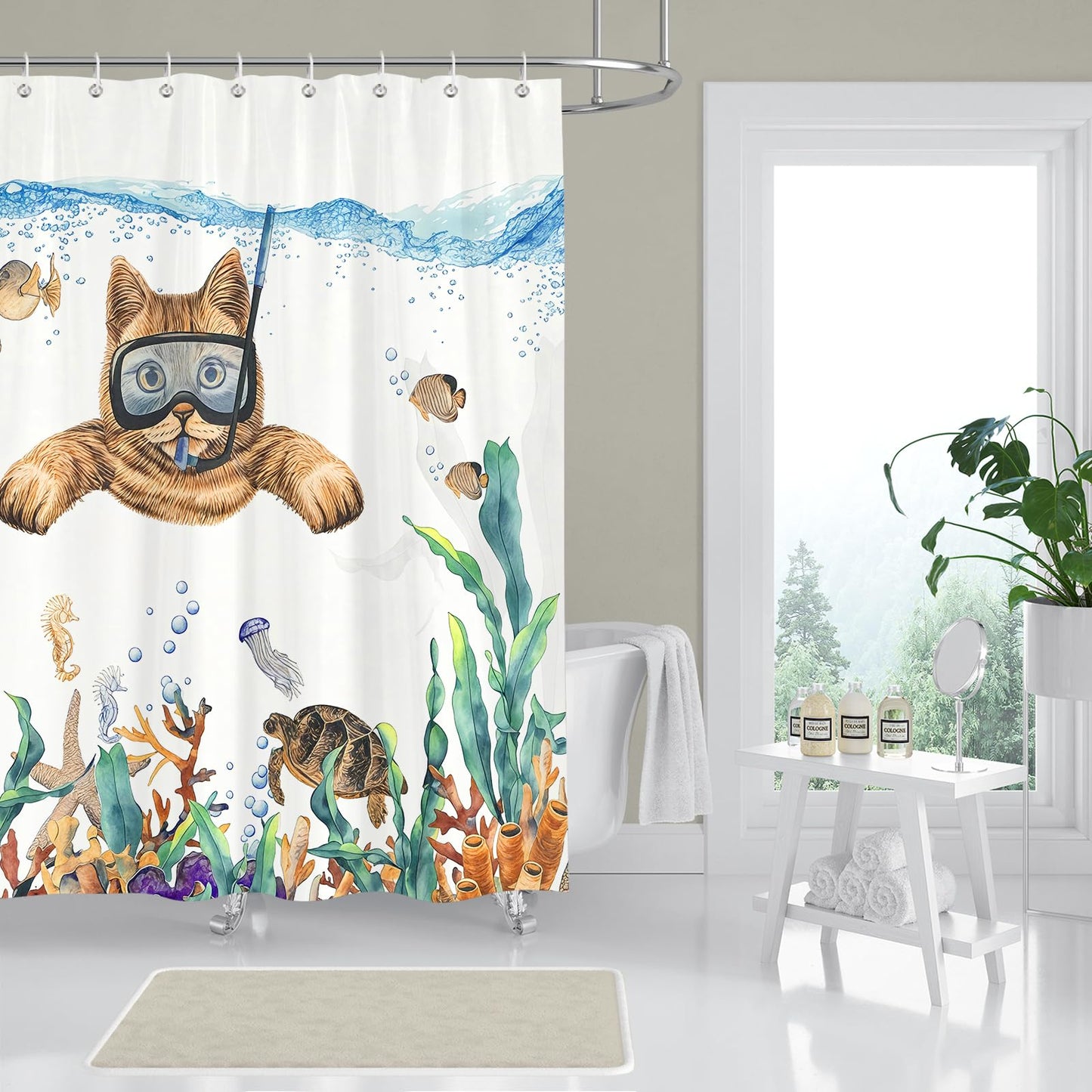 BREASOME Funny Cat Shower Curtain 180 x 180 cm Cute Cat Diving Swimming Shower Curtain for Bathroom Decor Mould Proof Waterproof Polyester Fabric