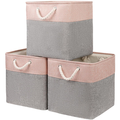 Mangata Fabric Storage Boxes, 33x33x33cm Cube Storage Unit Boxes Storage Baskets for Organizing Clothes Shelf Nursery Home ClosetGrey/Pink, Set of 3