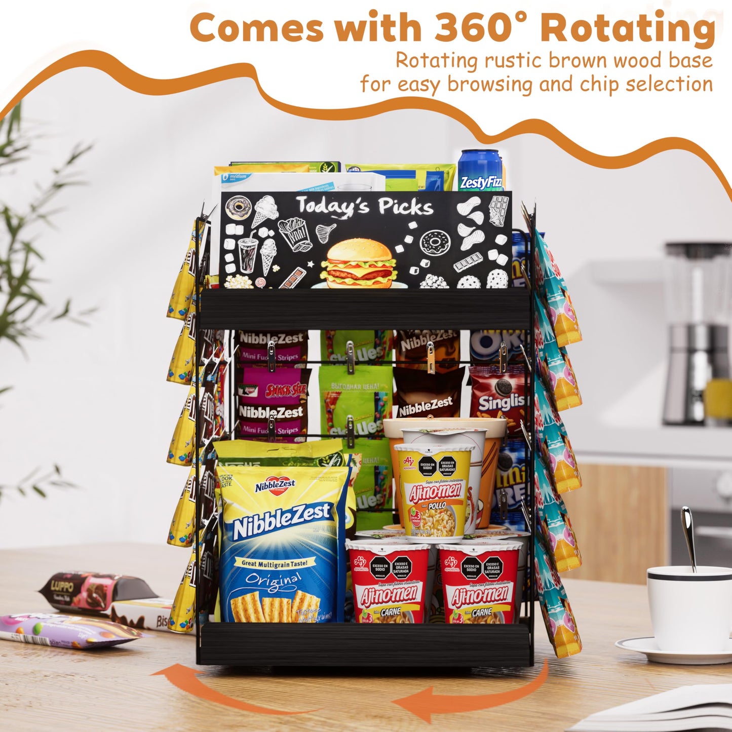 Emfogoo 5-Tier Rotating Snack Organiser with Advertising Board, Chip Display Rack with 360° Spinning Wooden Base & 50 Clips, for Concession Stand