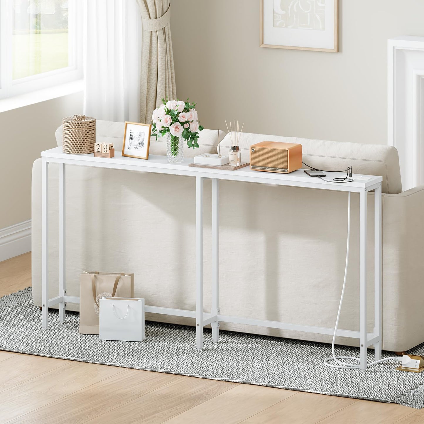 HOOBRO Narrow Console Table with Charging Station, 160 cm Behind Sofa Couch Table, Long Hallway Table, Slim Console Table for Hallway, Entryway