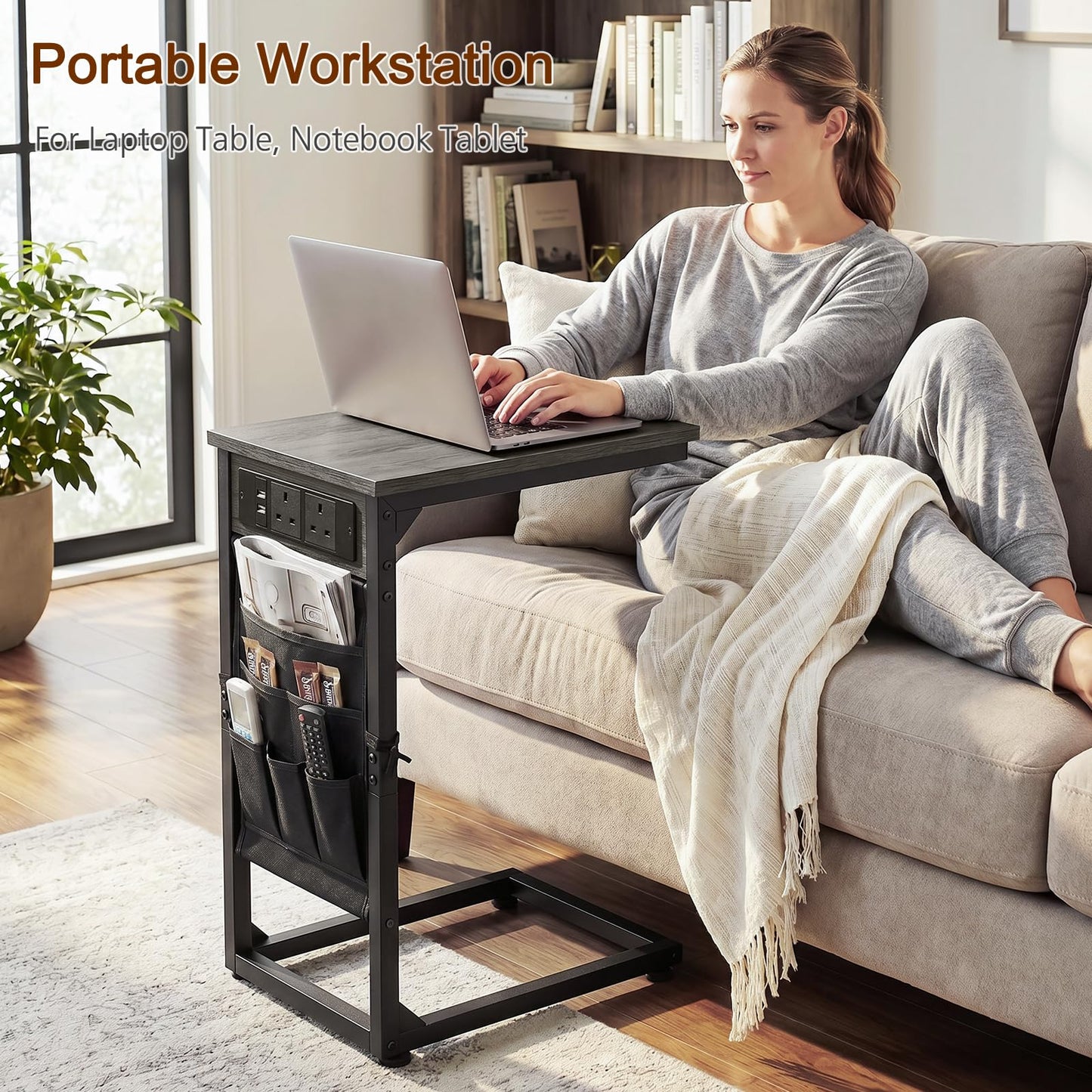 AMHANCIBLE C-Shaped Side Table, Side Table with Charging Station